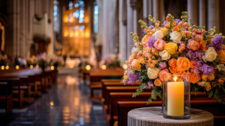 A stunning floral arrangement featuring vibrant roses and delicate blooms beside a softly glowing candle in a serene church interior.の素材