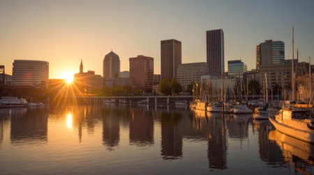 A captivating view of a city skyline at sunset, reflecting beautifully in the calm water of a harbor filled with sailboats. The golden hour light paints a serene scene, highlighting the architecture and creating a peaceful atmosphere. Perfect for travel and leisure themes.の素材