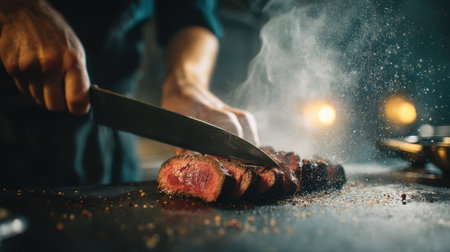 A skilled chef slices a succulent steak in a dimly lit kitchen, capturing the essence of culinary artistry with vibrant steam and spices.の素材