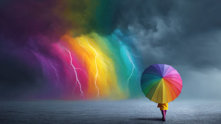 A lone figure stands under a colorful umbrella as vibrant colors clash with stormy skies and lightning bolts, symbolizing resilience and hope.の素材