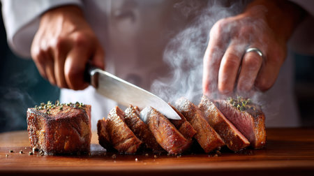 A professional chef skillfully slices a perfectly cooked steak on a rustic wooden board, releasing flavorful steam and showcasing culinary artistry.の素材