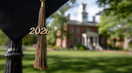 A graduation cap adorned with a tassel featuring the year 2026 hangs in focus, set against a picturesque historic building on a sunny college campus.の素材