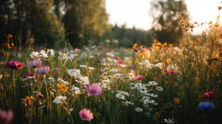 A breathtaking view of a vibrant wildflower field illuminated by warm sunset light. This stunning image captures the essence of nature's beauty and tranquility, perfect for outdoor and landscape photography enthusiasts.の素材