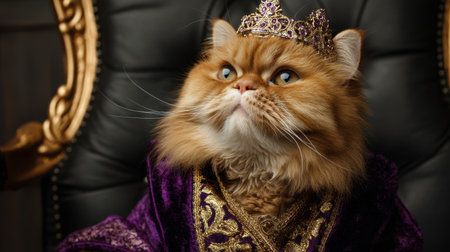 A majestic cat dressed in royal attire, complete with a golden crown and purple robe, sits proudly on an ornate throne, embodying charm and elegance.の素材