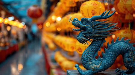 A stunning dragon sculpture stands proudly amidst a backdrop of glowing lanterns in a bustling market. The scene captures the essence of cultural celebration.の素材