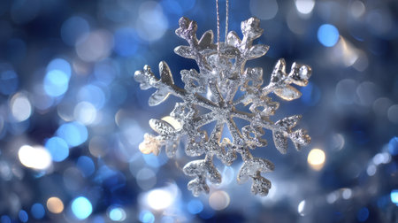 A stunning silver snowflake ornament hangs gracefully against a backdrop of shimmering blue lights, perfect for winter and holiday decor.の素材