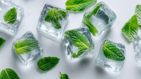 This image showcases fresh green mint leaves embedded in clear ice cubes, ideal for beverages and culinary inspiration for a refreshing touch.の素材