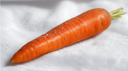 A vibrant organic carrot rests on white linen, showcasing its natural texture and bright color. Ideal for culinary projects, healthy meals, or food photography.の素材