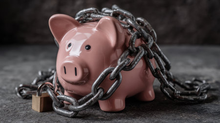 A piggy bank secured with heavy chains and a padlock represents the importance of protecting savings and financial security in today's economy.の素材
