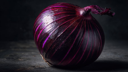 A striking close-up of a fresh purple onion, showcasing its vibrant colors and textures against a dark backdrop. Ideal for food-related projects.の素材
