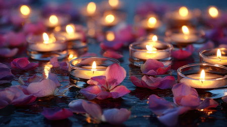 This serene image showcases floating candles surrounded by colorful petals on water, creating a calming and peaceful ambiance perfect for relaxation and meditation.の素材