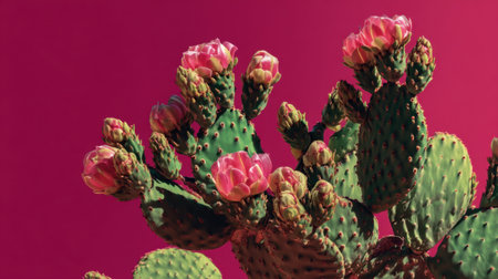 Experience the stunning beauty of a vibrant cactus adorned with bright pink flowers, set against a striking colorful background.の素材