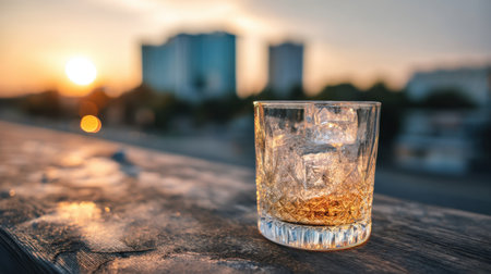 A beautifully crafted glass of whiskey sits on a wooden surface, filled with ice cubes. The warm golden light of sunset casts a soft glow, enhancing the relaxing atmosphere. The blurred urban skyline adds depth to this moment of tranquility and enjoyment.の素材