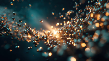 This captivating abstract image showcases swirling particles that emit a soft glow, creating an enchanting visual experience with intricate light reflections.の素材