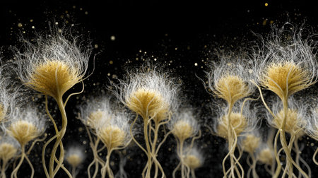 Discover an enchanting close-up of delicate fungal structures featuring golden tops and wispy white filaments, all set against a stunning dark background.の素材
