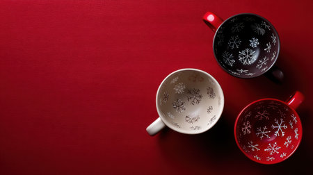 This image features three stylish mugs in white, black, and red with winter snowflake designs, set against a vibrant red background. Perfect for cozy holiday gatherings.の素材