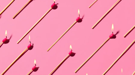 This image features matchsticks with flames arranged in a unique pattern against a vibrant pink background, creating a visually striking composition.の素材