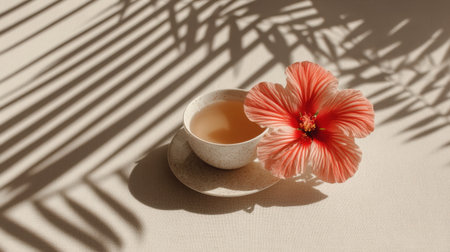 A serene tea scene featuring a delicate hibiscus flower beside a softly colored cup. Shadows of palm leaves create a calming ambiance, perfect for relaxation.の素材