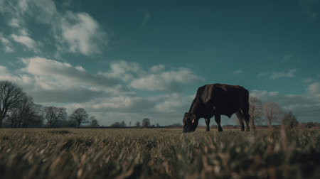 A serene scene of a cow grazing in a lush green field, embracing the tranquility of nature. The blue sky and soft clouds create a beautiful backdrop.の素材