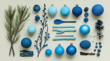 A stunning flat lay arrangement of blue and green ornaments, pine branches, and natural elements, perfect for holiday decor and seasonal celebrations.の素材