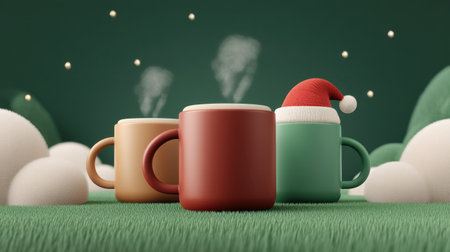 Three cozy mugs with warm drinks are displayed against a festive green backdrop with soft clouds, perfect for holiday cheer and winter gatherings.の素材