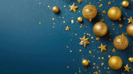 This vibrant image showcases beautiful gold ornaments and sparkling stars on a rich blue background, perfect for capturing the essence of festive celebrations and joyful moments during the holiday season.の素材