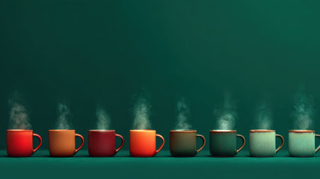 A visually appealing array of colorful mugs emits steam on a rich green backdrop, evoking warmth and comfort perfect for cozy coffee moments.の素材