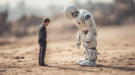 A human stands before a towering robot in a barren desert, highlighting the emotional connection between technology and humanity in a surreal, futuristic scene.の素材
