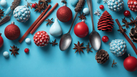 A vibrant arrangement of Christmas ornaments and decorative elements on a turquoise background, perfect for holiday graphics and festive themes.の素材