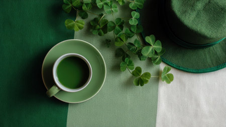 A captivating arrangement featuring a green hat and a cup filled with green beverage, surrounded by fresh shamrocks, perfect for St. Patrick's Day.の素材