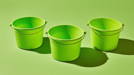 Three bright green buckets sit on a bold green background, casting playful shadows. Perfect for minimalistic design, storage, and creative projects.の素材