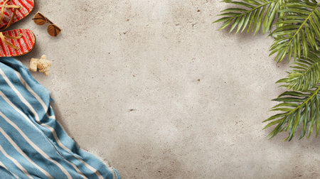 A vibrant beach-themed flat lay featuring sandals, sunglasses, a beach towel, and tropical plants set on a textured surface, perfect for summer vibes.の素材