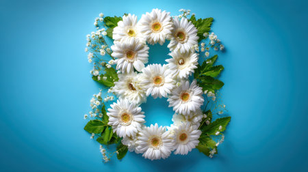A stunning floral design featuring the number eight made from fresh white daisies, green leaves, and delicate blooms against a serene blue backdrop.の素材