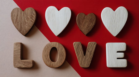 A charming display of wooden heart shapes and letters spells "LOVE," set against a bold red and neutral background, ideal for romantic visuals.の素材