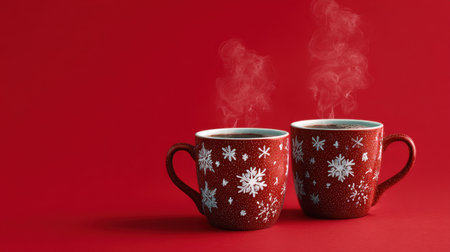 Two red ceramic mugs adorned with snowflake designs emit steam, creating a cozy winter atmosphere, perfect for festive gatherings or quiet moments.の素材