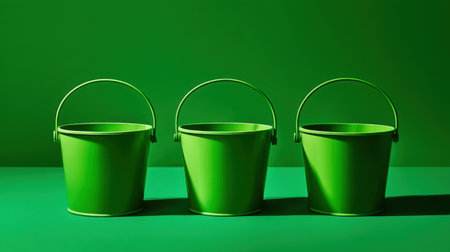 Three green buckets arranged against a bold green background create a striking and minimalistic composition. This image embodies simplicity and modern design, ideal for a variety of creative projects.の素材
