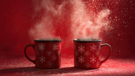 This image features two steaming red mugs sitting against a rich red background, surrounded by falling snowflakes, creating a warm holiday atmosphere.の素材