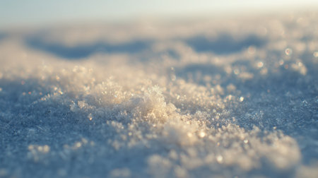 A mesmerizing close-up view of soft snowflakes resting on a surface, reflecting warm sunlight in a serene winter landscape, perfect for seasonal themes.の素材