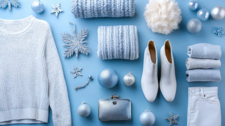 Discover a beautiful flat lay of winter outfit essentials featuring soft textures and elegant blue accents, perfect for the season's style.の素材