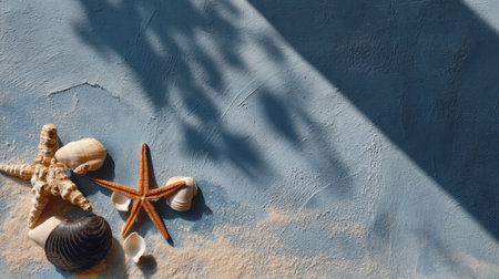 A captivating arrangement of seashells and a starfish rests on a textured blue surface, enhanced by gentle shadows and sandy elements, perfect for coastal themes.の素材