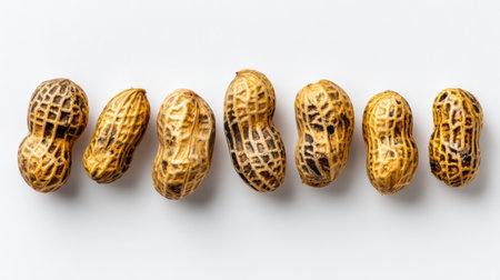 A close-up view of raw peanuts in their shells arranged on a light background. This image highlights the natural texture and earthy tones, ideal for food and nutrition themes.の素材