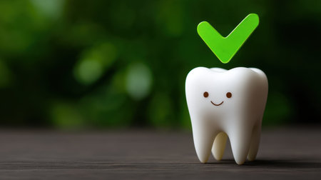 A charming tooth character with a friendly smile and green check mark symbolizes dental health and hygiene. Perfect for educational and healthcare materials.の素材