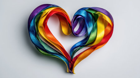 A vibrant heart shape formed by intertwining rainbow ribbons, representing love, diversity, and pride. Ideal for themes of unity and acceptance.の素材