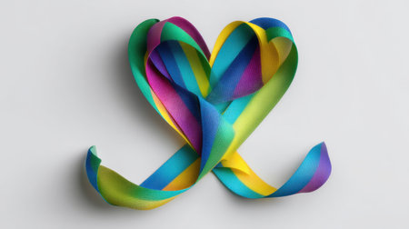 A vibrant arrangement of ribbon strips forming a heart shape, showcasing a harmonious blend of colors. Ideal for creative projects, crafting, and decorations, this image embodies joy and love. Perfect for commercial use or as a background.の素材