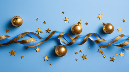 An enchanting arrangement featuring golden ornaments and vibrant blue ribbon on a serene blue background, perfect for holiday festivities.の素材