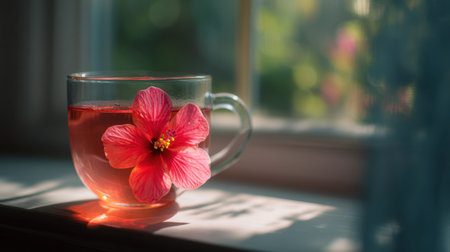 A stunning glass cup filled with hibiscus tea, adorned with a vibrant flower, sits on a sunlit windowsill, capturing the essence of freshness.の素材