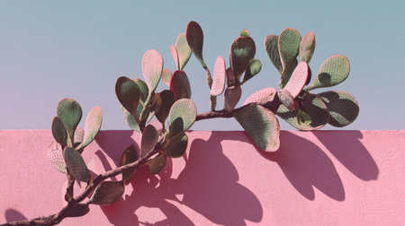 A vibrant prickly pear cactus leans against a pink wall, showcasing its unique leaves and shadows, perfect for trendy artistic decor.の素材