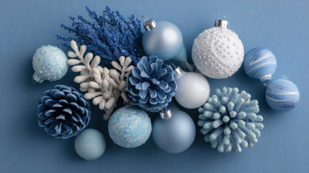 A stunning arrangement of blue decorative ornaments and accents perfect for winter celebrations. Ideal for festive decor and seasonal ambiance.の素材