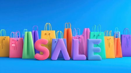 A vibrant collection of shopping bags arranged around a bold sale sign create an inviting atmosphere for retail promotions and advertising.の素材