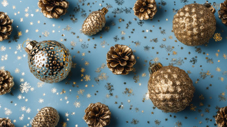 A stunning arrangement of golden Christmas ornaments and pine cones scattered on a soothing blue background with glittering snowflakes. Perfect for festive decor.の素材